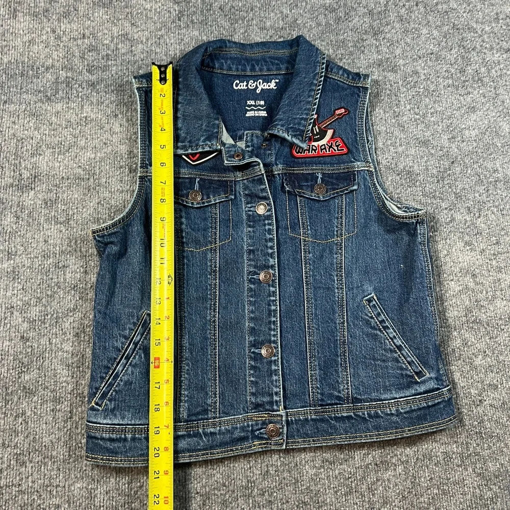 Cat & Jack Trucker‎ Vest Girls XXL Blue Patches Denim Cotton Stretch Snap Front